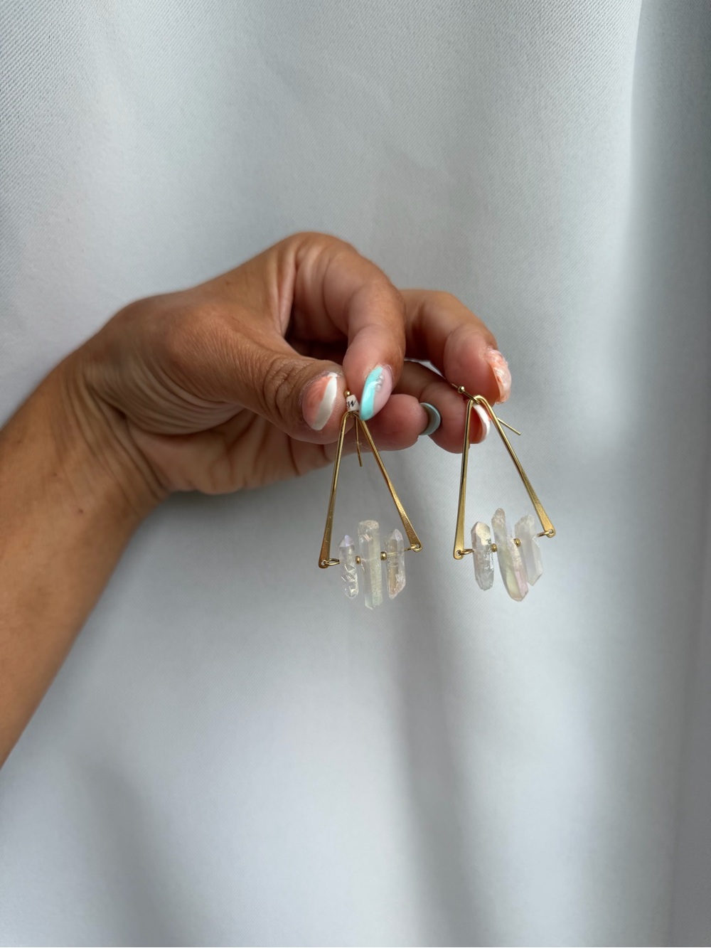Gold Triangle Hoop Earrings with Clear Quartz